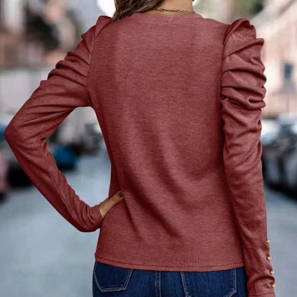 Puff Sleeve Button Detail Top rusty red tone - Picture 2 of 5